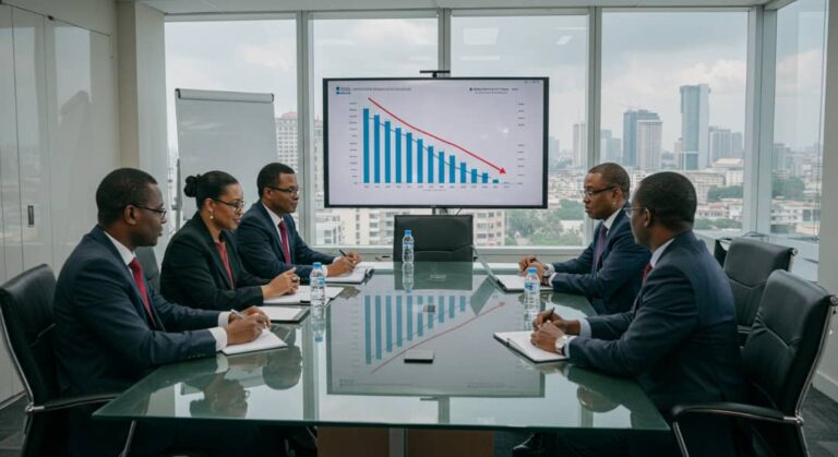 Executives in a Lagos boardroom reviewing a downward sales chart | ADM Creative Media